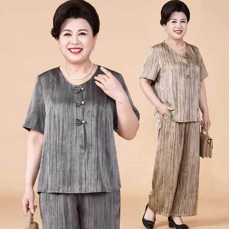 胖妈妈装2025新款宽松短袖套装加肥加大奶奶装夏季时尚减龄两件套