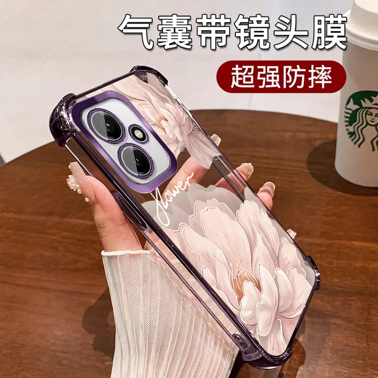 适用荣耀400手机壳女款网红400pro自带镜头膜硅胶防摔透明牡丹花