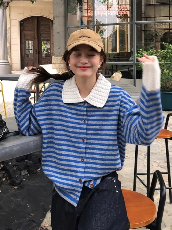 小香风条纹polo领长袖毛衣针织衫女早秋季慵懒松弛感穿搭外套上衣