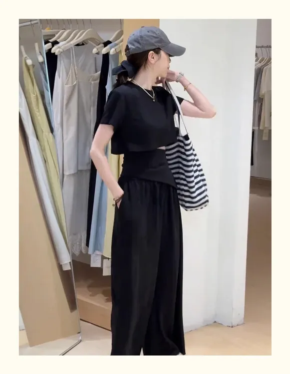 夏韩系不规则短袖T恤+直筒裤阔腿裤两件套女2025夏套装