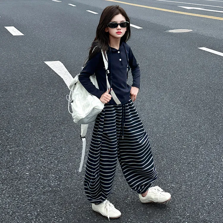 女童套装2025春秋季新款中大童舒适长袖连帽卫衣阔腿裤两件套潮流