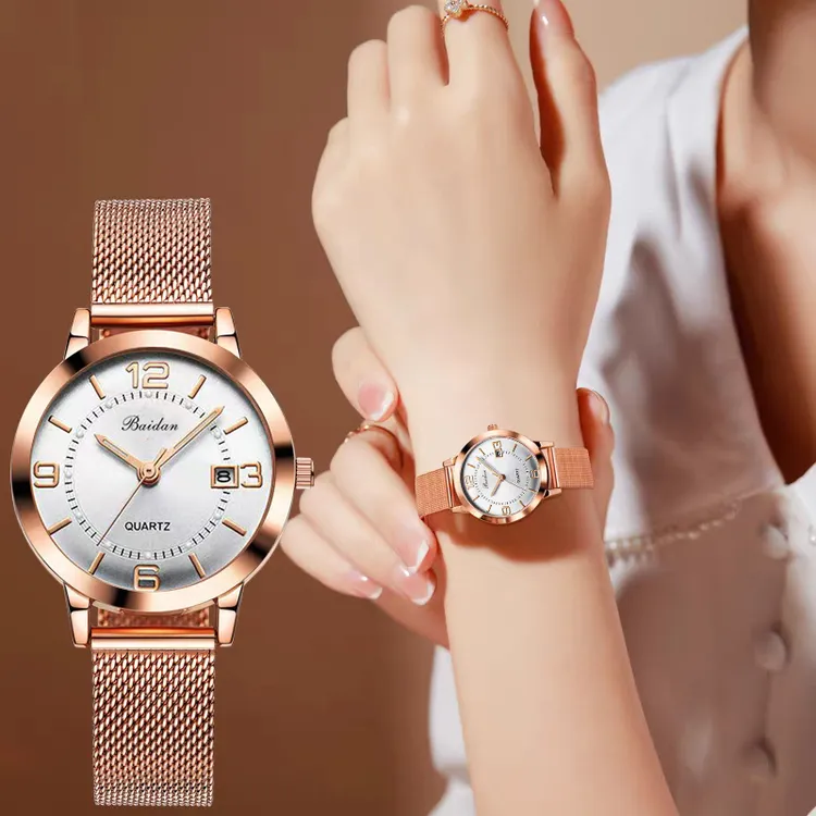 女士手表百搭韩版新款休闲时尚潮流日历小众防水石英表夜光腕表