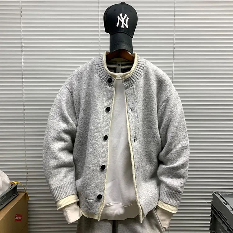 秋冬新款开衫毛衣外套男士休闲宽松简约纯色潮牌假两件百搭针织衫