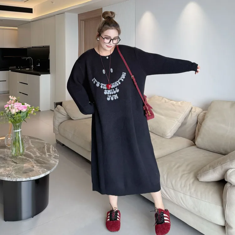 媛子大码慵懒风印花毛衣裙秋冬新款韩式休闲风宽松显瘦针织衫