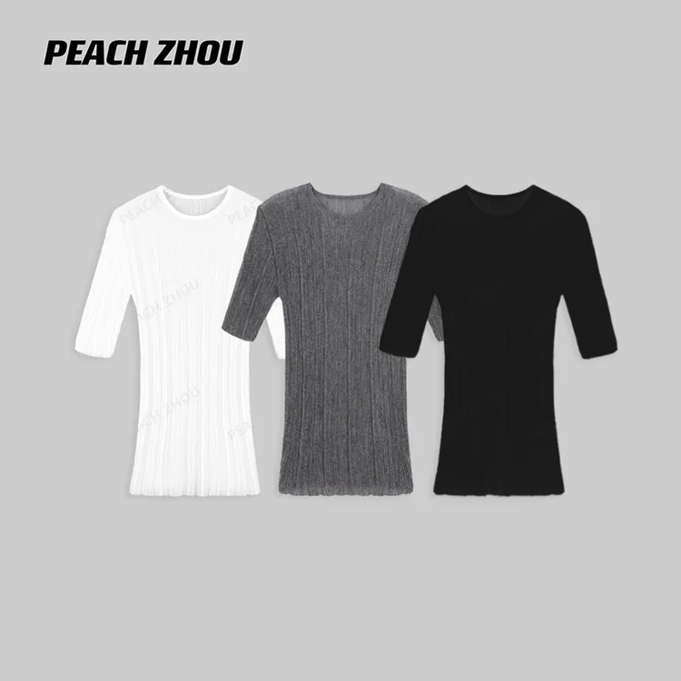 『PEACHZHOU』超细马海羊毛卷边修身打底针织衫简约气质毛织短袖女