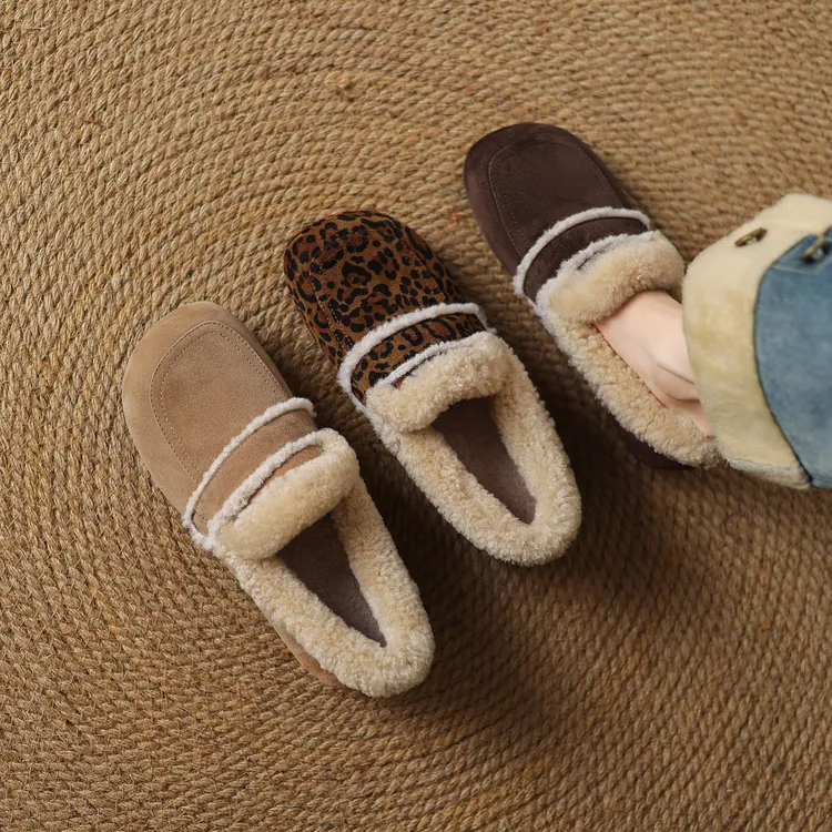 【青南兮】磨砂羊皮平底加绒羊毛单鞋女冬季新款乐福鞋保暖毛毛鞋