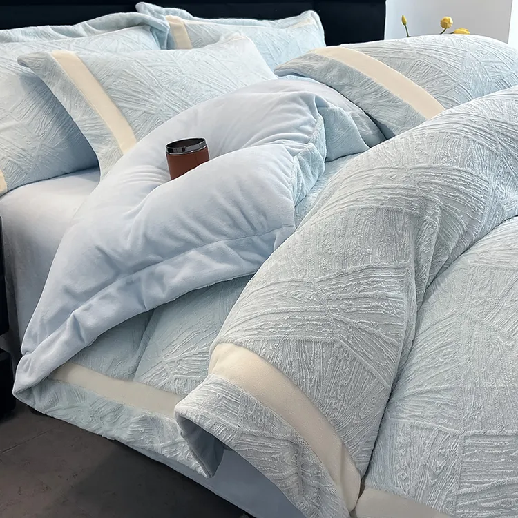 富安娜高端加厚雕花绒牛奶绒四件套冬季保暖双面珊瑚绒床单被套笠