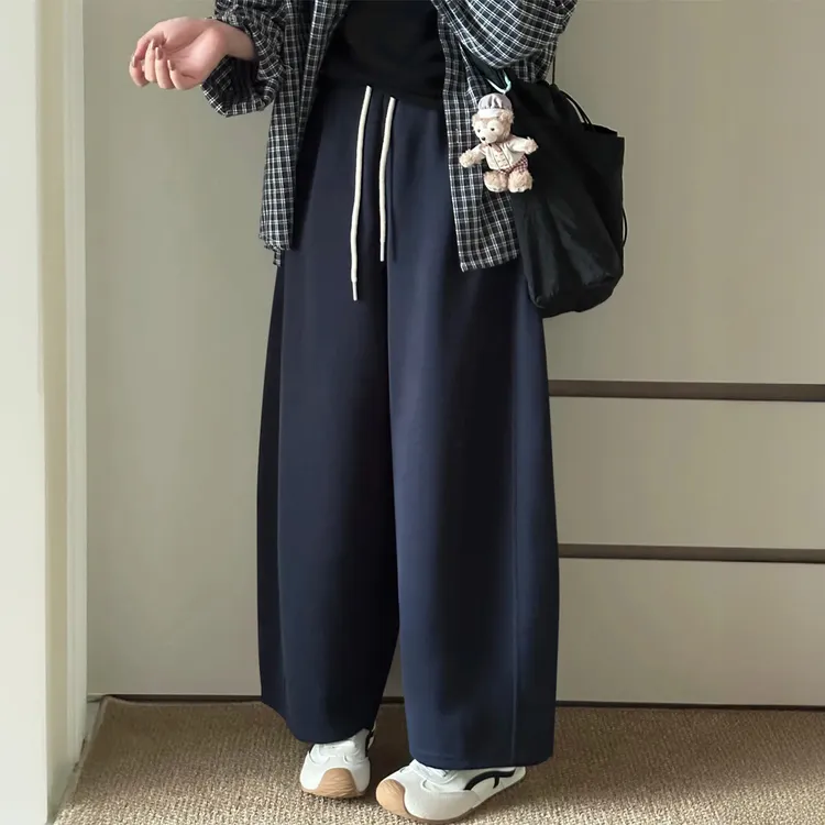 藏青色阔腿休闲裤女秋季新款胖妹妹mm高腰显瘦宽松小个子弯刀裤子