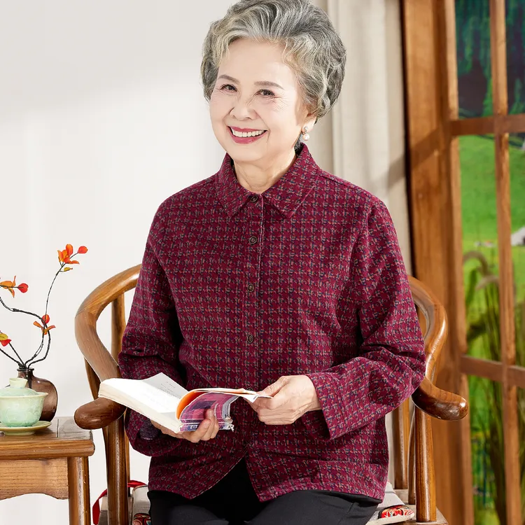 中老年纯棉衬衫女长袖妈妈秋装衬衣70岁老人太太衣服休闲奶奶全棉