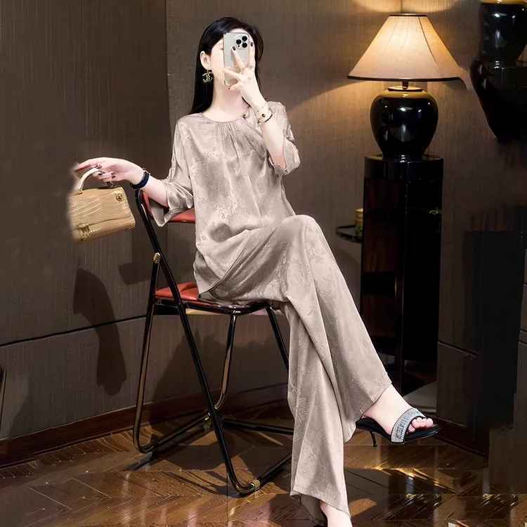 2025年夏季茶里茶气新中式国风垂感宽松休闲上衣阔腿裤两件套装女