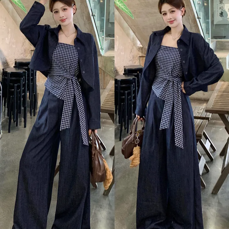 大码复古牛仔套装女秋季格子吊带背心胖MM显瘦慵懒风休闲裤三件套