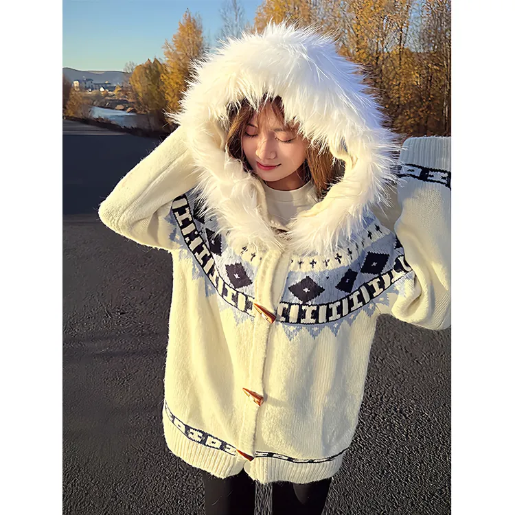 FDR费尔岛毛衣外套男女款秋冬季慵懒风宽松毛领撞色情侣款针织衫