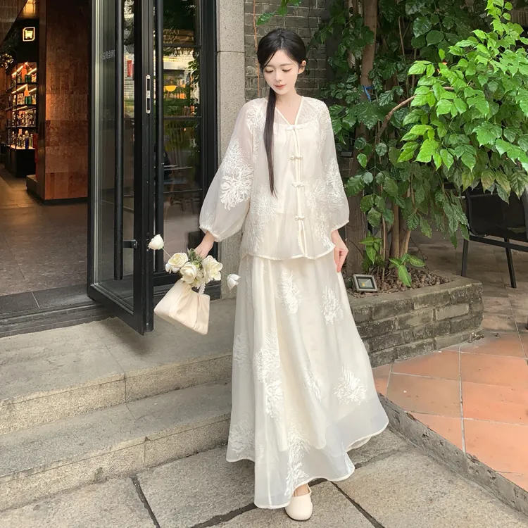 大码新中式国风禅意套装裙子女春夏胖mm刺绣盘扣上衣半身裙两件套