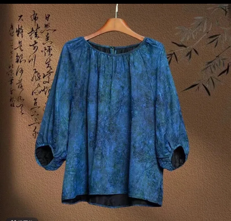 桑蚕丝香云纱新中式灯笼袖蓝色上衣Ms1