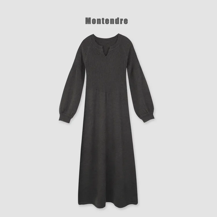 【MonTendre】 秋冬新款 J 小V领设计灯笼袖罗纹针织连衣裙
