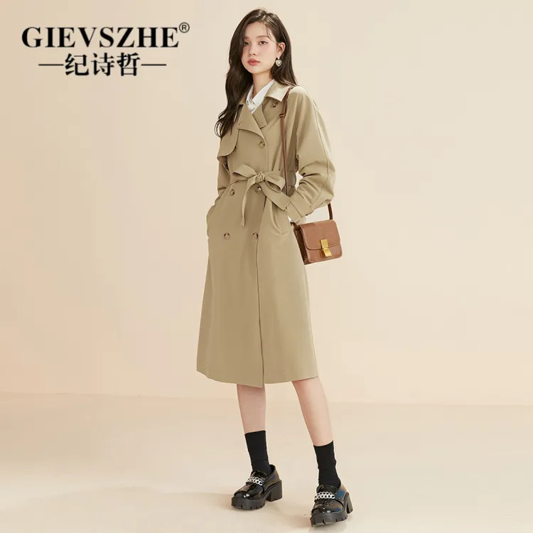 GIEVSZHE/纪诗哲女士心动双排扣腰带风衣中长款秋季韩系外套女