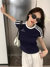 92棉修身短款显瘦t恤新款短袖女时尚夏季凉感辣妹短袖T恤印花条纹