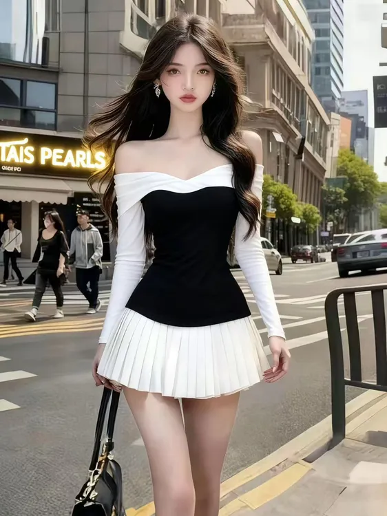 静奢氛围感气质通勤风撞色一字肩露肩长袖收腰拼接百褶连衣裙女