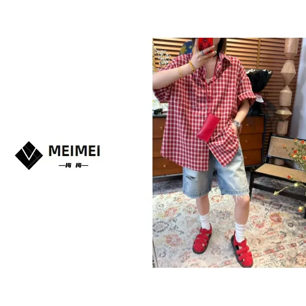XMM【红格衬衣】时尚百搭潮流短袖宽松休闲纽扣开衫格子显瘦GZ82231