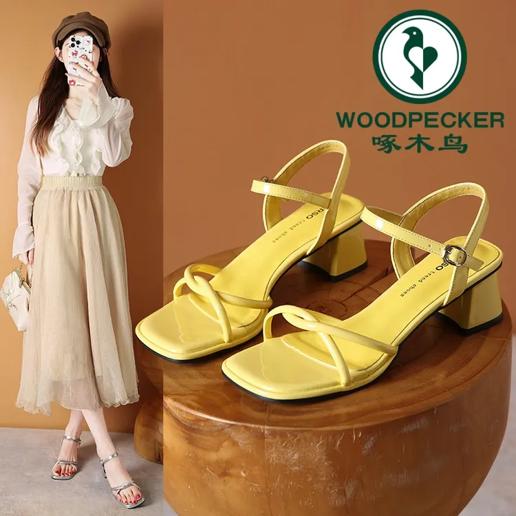 啄木鸟一字带凉鞋女2025夏季新款配裙子法式粗跟方头高跟鞋33码