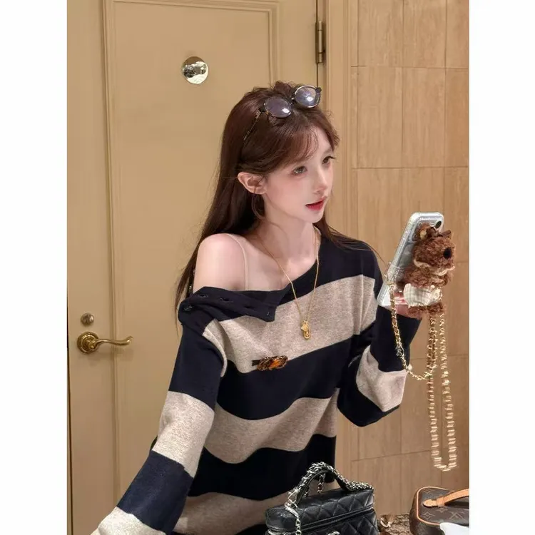 【2way条纹】松弛感撞色条纹套头毛衣纽扣长袖+灰色休闲裤23673#