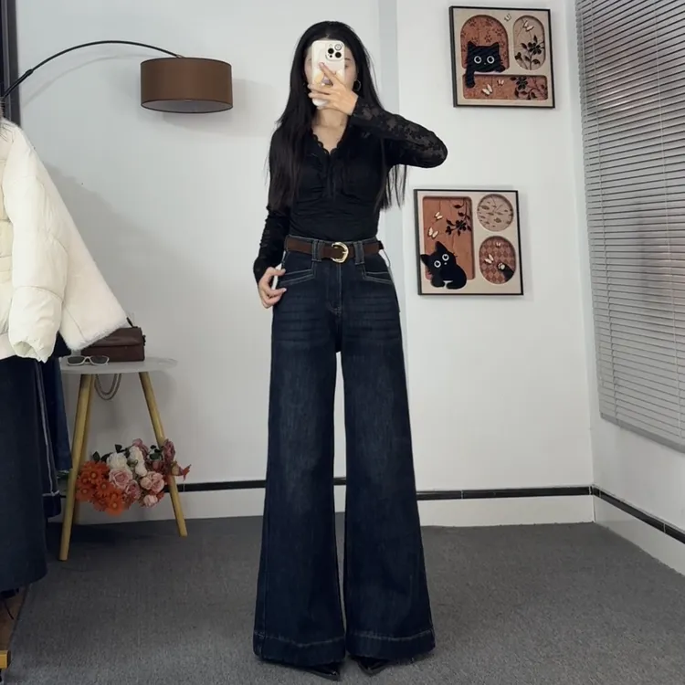 冬季新款加绒加厚时尚A版蓝黑色百搭直筒喇叭裤阔腿裤显瘦复古裤