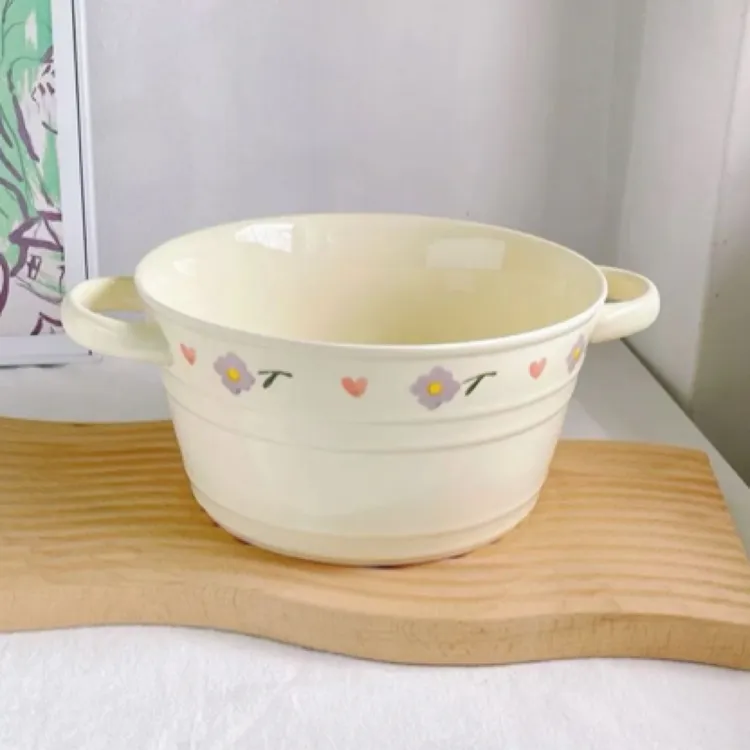 紫藤花双耳陶瓷汤锅碗家用奶油大容量水桶碗泡面碗高颜值碗盘餐具