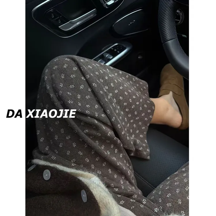 高个子加长咖色休闲加绒碎花弯刀裤女新款高腰显瘦宽松直筒阔腿裤