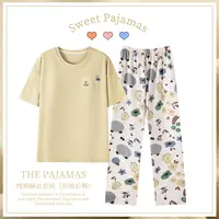 卡之恋短袖睡衣女夏季宽松家居服奶绿色短袖长裤裤套装