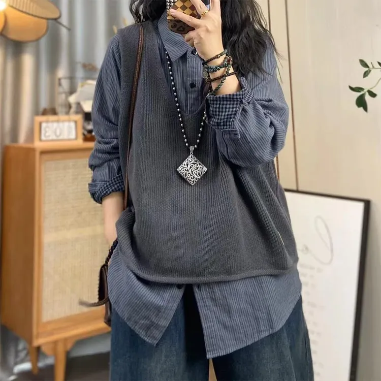 2025年春秋韩系新款休闲V领针织马甲女文艺休闲宽松个性外搭马甲