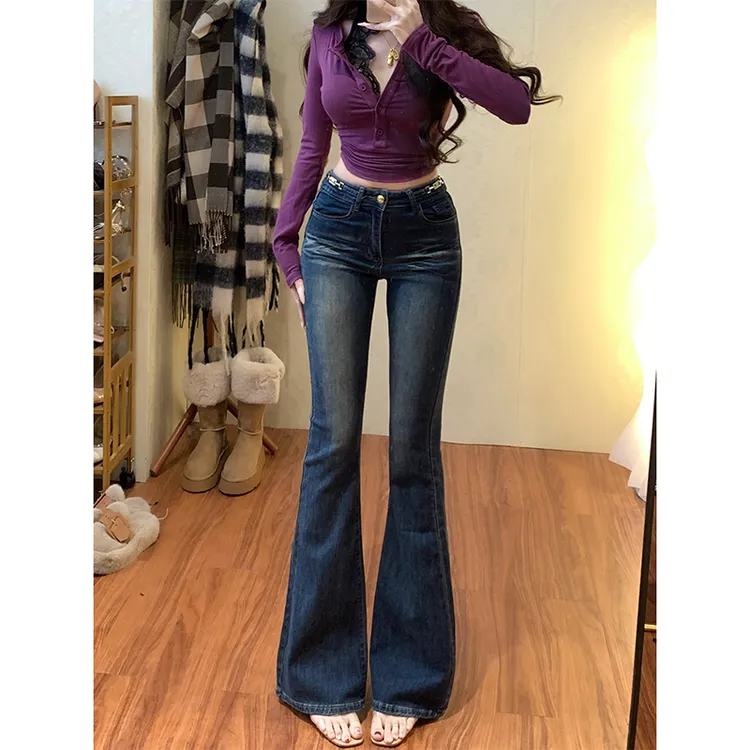 重工设计蓝色微喇牛仔裤女2025秋季新款高腰显高显瘦翘臀喇叭长裤