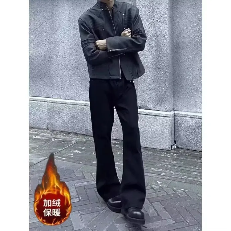 美式街头水洗做旧微喇牛仔裤男春秋直筒宽松欧美高街vibe高街黑色