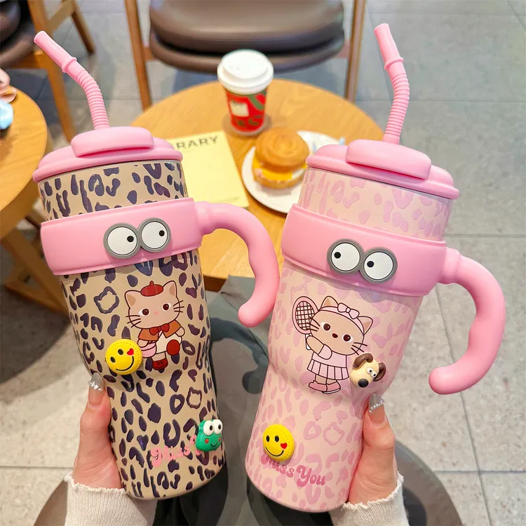 网红大容量豹纹双饮冰霸杯高颜值女生带茶隔保温杯可爱吸管水杯子