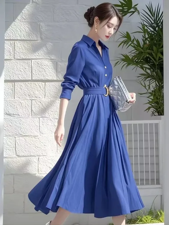 SS636气质高级蓝色连衣裙小众设计感衬衫连衣裙女独特绝美小裙子