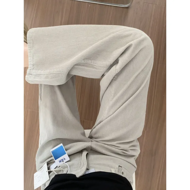 美式奶油灰灯芯绒窄版阔腿牛仔裤女秋季新款高腰宽松显瘦直筒裤子
