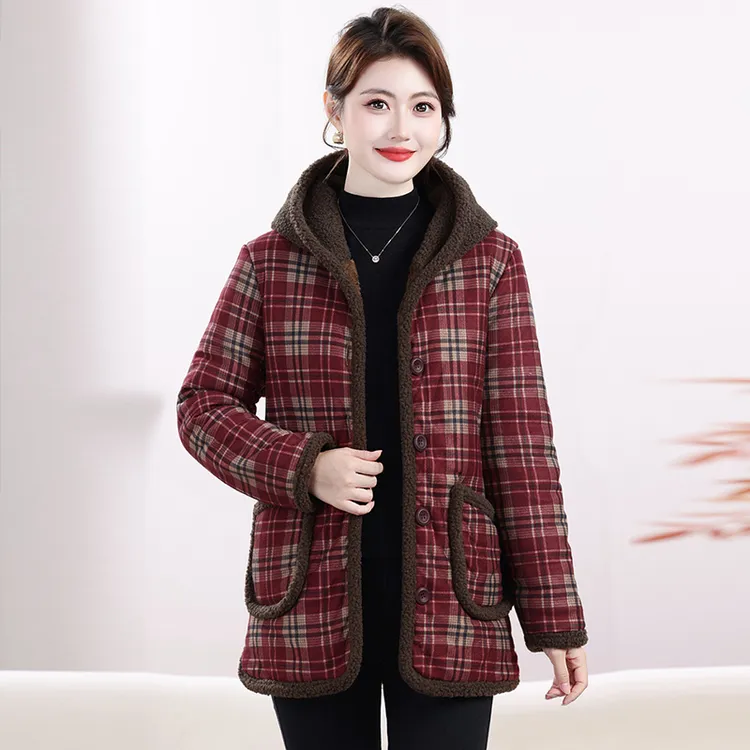 妈妈冬装连帽加绒加厚中长款洋气棉衣中老年女装格子宽松保暖棉袄