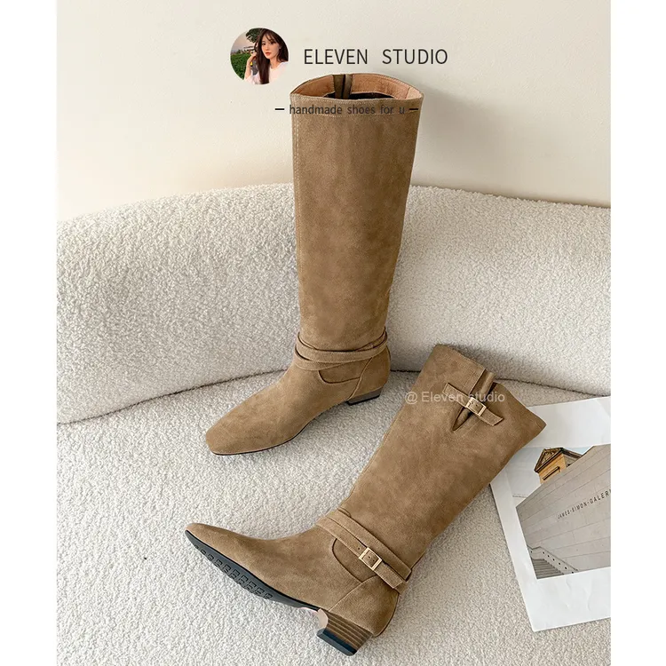 【王11】复古西部瘦瘦靴女尖头绒面新款皮带扣显瘦长靴 3CM/写作