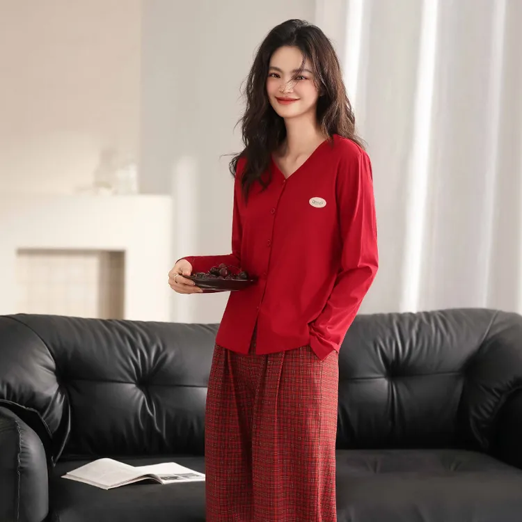 纯棉睡衣女长袖2025新款春秋红色新娘结婚本命年格子纹家居服套装