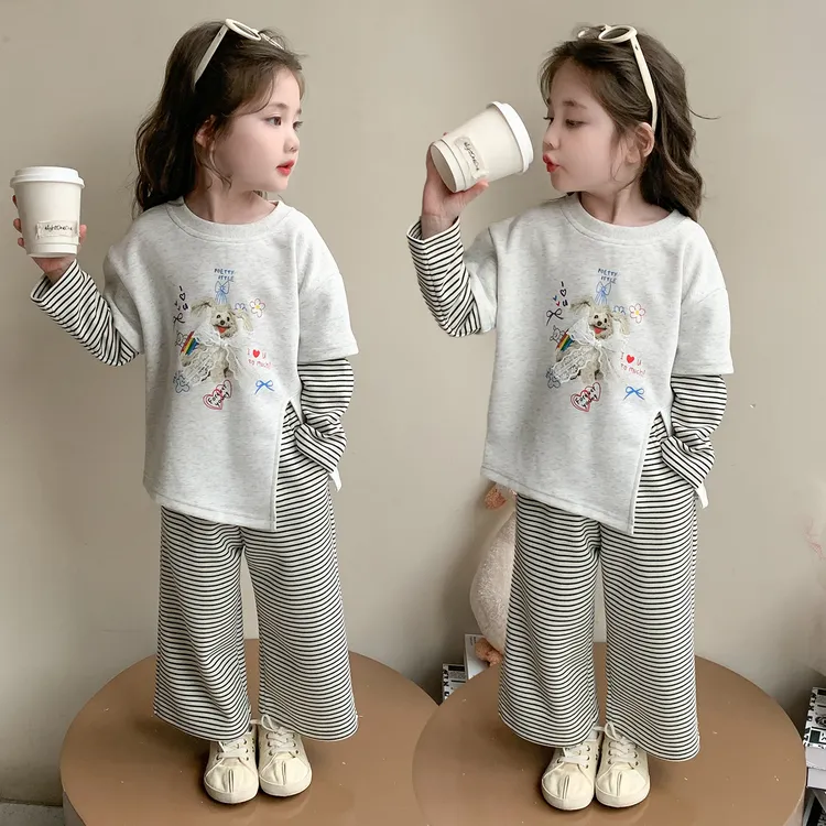 儿童条纹套装春秋款2025新款洋气时髦开叉女童秋装休闲韩版两件套