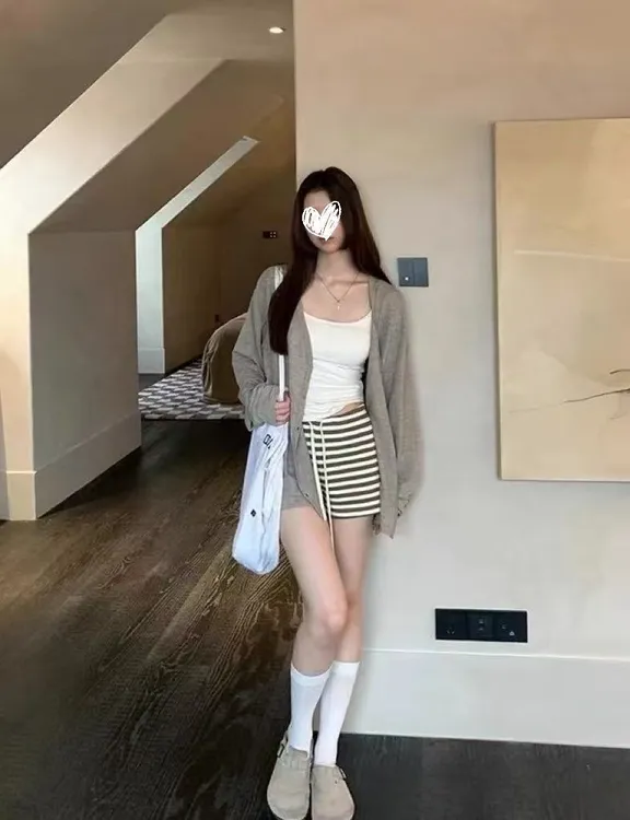 三件套 现货！防晒长袖开衫女吊带上衣内搭条纹抽绳短裤