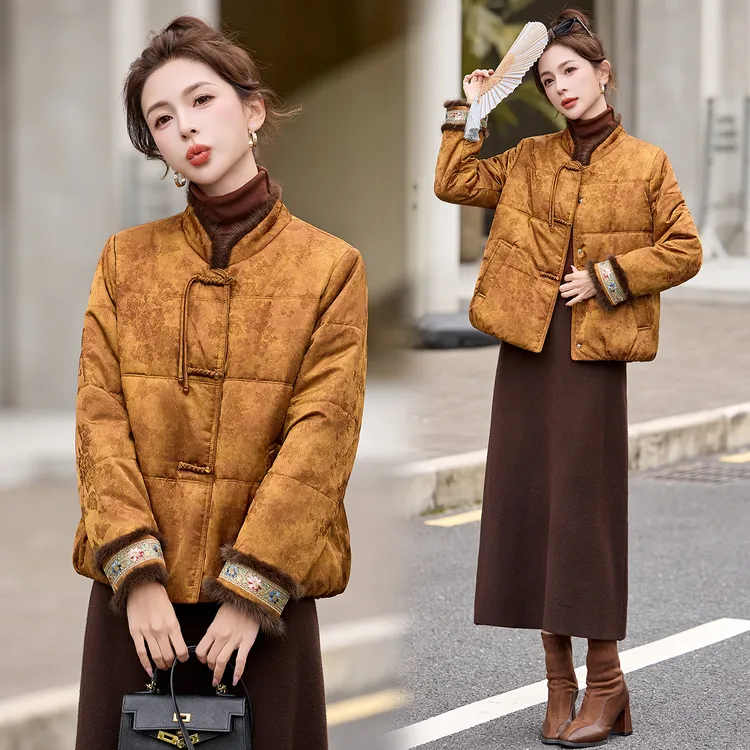 新中式国风刺绣提花棉服女2025冬季新款复古盘扣保暖短款棉衣外套