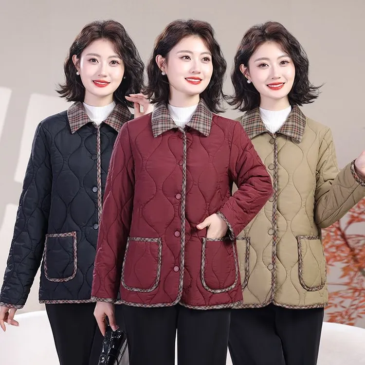 【格子领】妈妈秋冬外套新款休闲时尚加厚小棉衣中老年翻领减龄棉衣