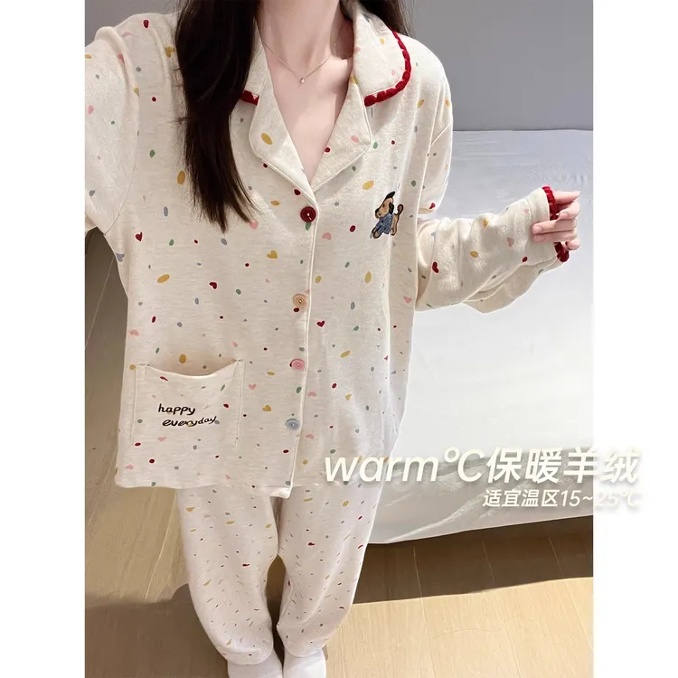 羊绒睡衣女秋冬季保暖磨毛德绒日系可爱童趣风长袖外穿新款家居服