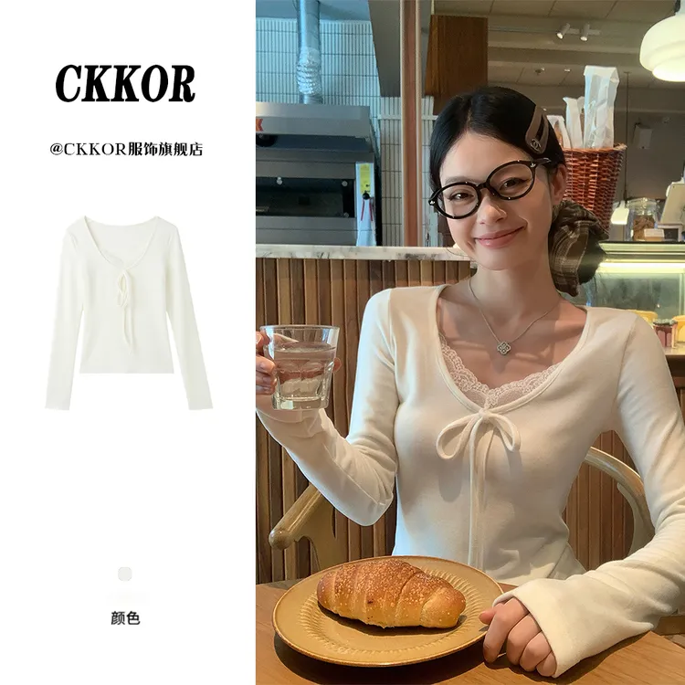 CKKOR韩版气质蕾丝V领内搭打底衫女款爆款秋冬季显瘦正肩长袖t恤