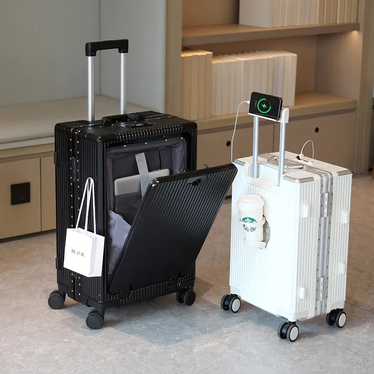 前开盖商务行李箱新款登机旅行箱铝框拉杆箱可充电女20寸大容量男