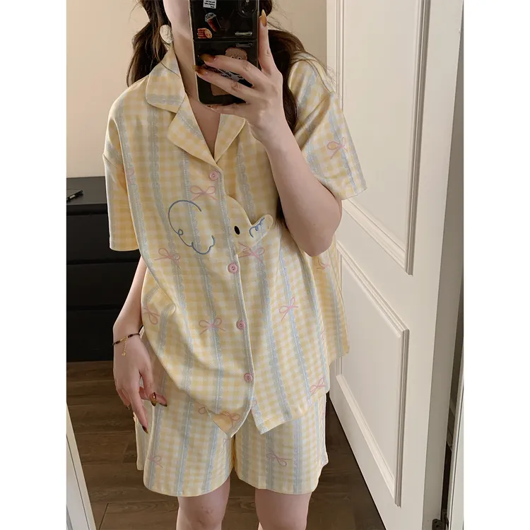睡衣女夏季纯棉短袖黄色格纹可外穿小飞象卡通刺绣宽松家居服套装