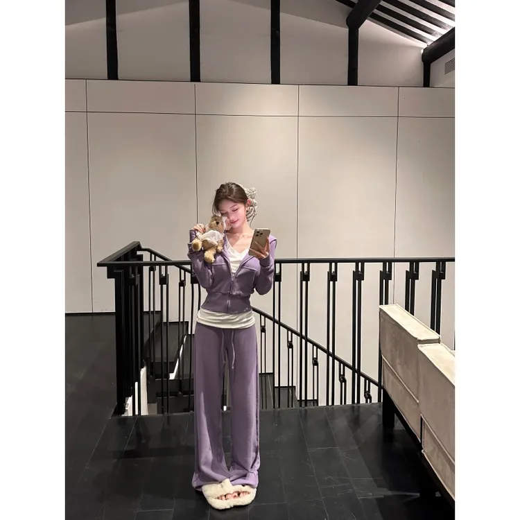 时尚休闲套装女秋季新款韩版修身拉链连帽卫衣外套阔腿裤子两件套