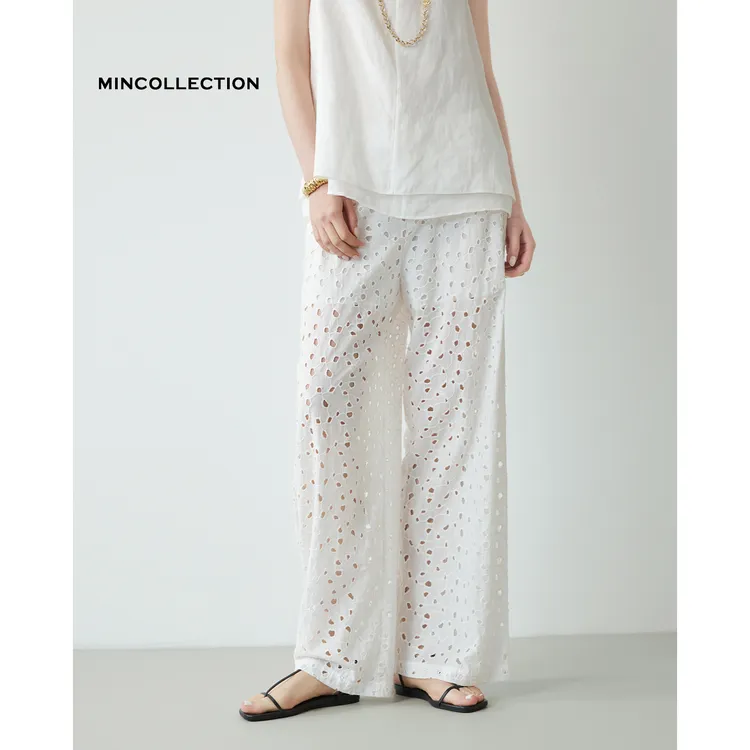 DE Mincollection洞洞裤/简约棉质重工雕孔镂空直筒休闲裤55285