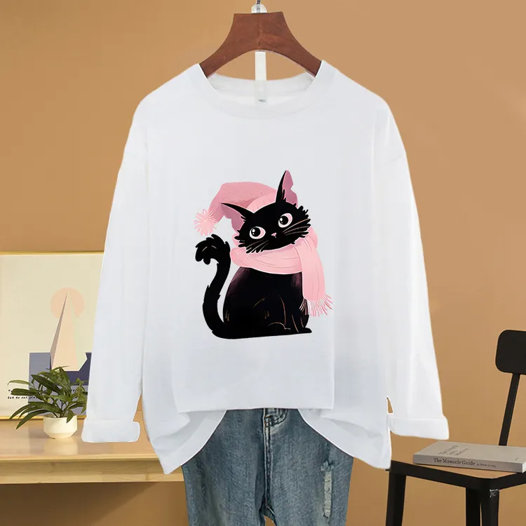 美式复古宽松大码纯棉长袖t恤女装2025年新款秋季休闲百搭上衣服