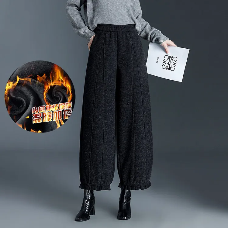 加绒毛呢束脚花苞裤女2025冬季新款宽松遮肉阔腿休闲灯笼裤九分裤